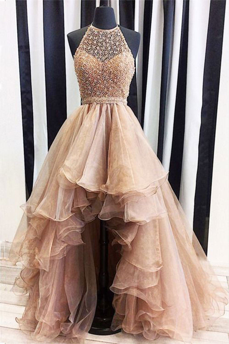Champagne tulle beads high low prom ...